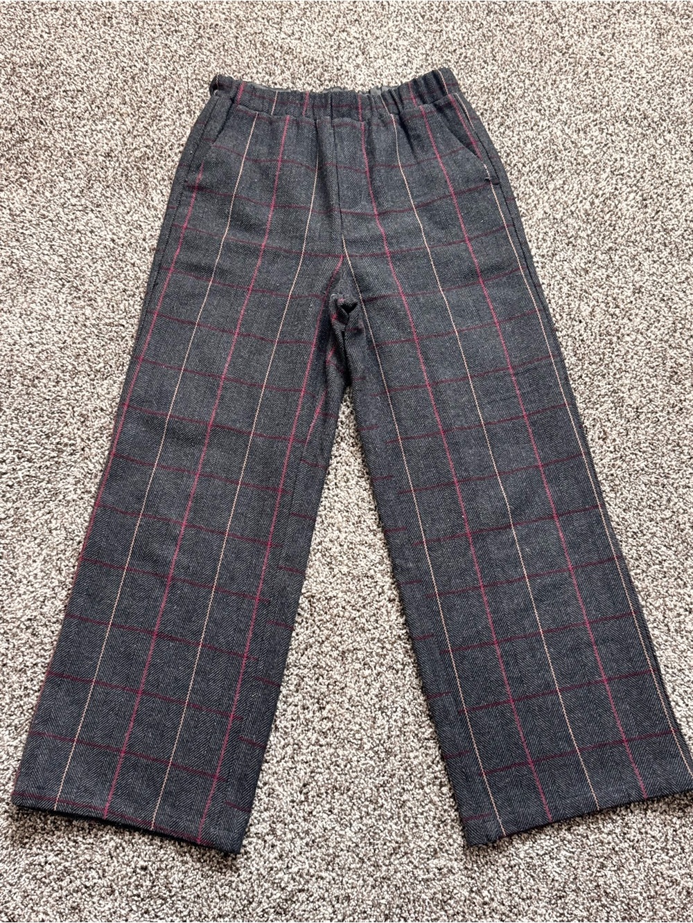 Plaid Boot Cut Women's Pants - Dark Gray with Burgundy Windowpane